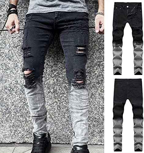 Фармерки за мажи Валсеил Трендовски обичен градиент во боја, патент, нередовни искинати панталони за тексас, тенок вклопувачки панталони