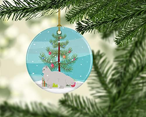 Богатства на Каролина CK4681CO1 Бела персиска традиционална мачка весела Божиќна керамичка украс, украси за новогодишни елки, виси украс за Божиќ,