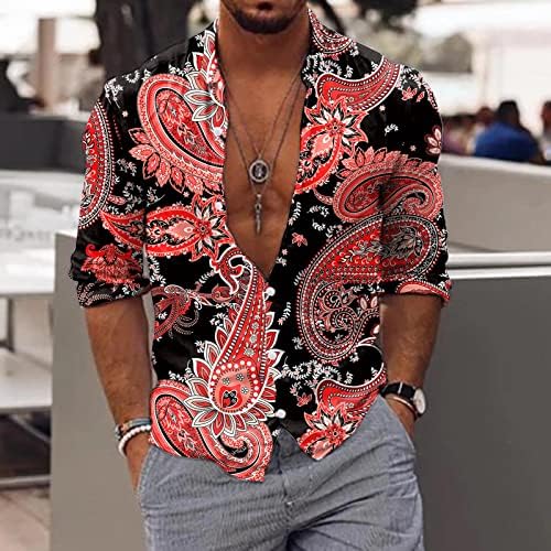Zddo Mens Hawaiian кошули со долг ракав Paisley Boho копче за печатење надолу случајна кошула лапел јака плажа алоха дизајнерски