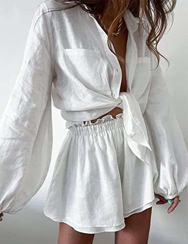 Yимон женски обични 2 парчиња копче за облека надолу од кошула за ракави со ракави, двојни фланци шорцеви памучни постелнини комплети
