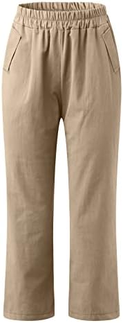 Kbndieu жени панталони со теле од памук со цврста боја, памучна лента со џебови Еластична половината удобни права панталони