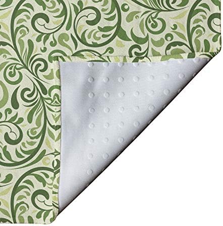 Ambesonne Green Yoga Mat крпа, вртени со кадрави апстрактни лисја со дамаск влијанија украсени гроздобер, нелизгање на пот-абсорбента јога пилатес, подлога за вежбање, 25 x 70, бл