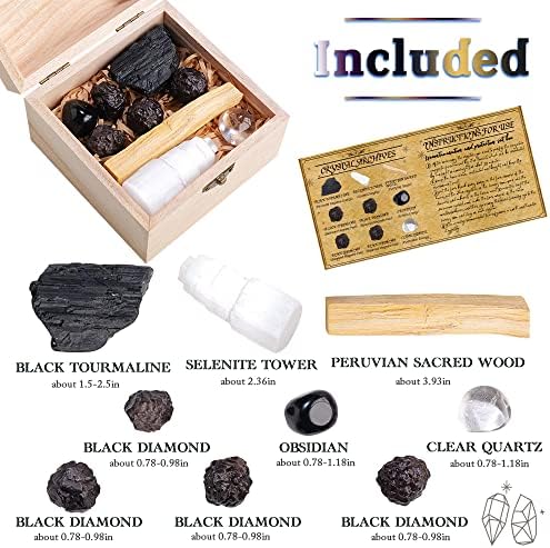 Runyangshi 9pcs заздравувачки кристали поставени со дрвена кутија - црна турмалин/селенит кула/чиста кварц/опсидијан Тампулиран камен/црн