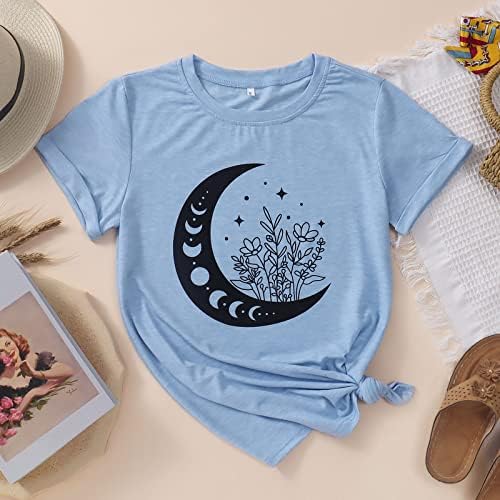 Graphенски летни цветни месечини графички кошули Симпатична дива цвет Бохо, краток ракав, тркалезен врат, девојки, обични лабави блузи