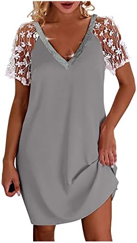 Nokmopo Фустани за кратки ракави за жени 2023 Модна цврста боја V-вратот чипка краток ракав Обичен фустан