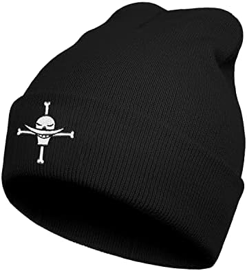 Линијан аниме череп и вкрстени коски извезени капи на црни гравчиња за мажи, волнено затоплување, затегнување на капачето на гравчето