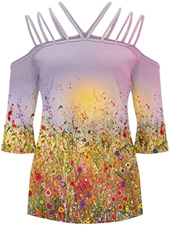 Блуза мета за девојки есен лето 3/4 ракав 2023 облека трендовски v врат графички капри меч -крпеница врв a2 a2