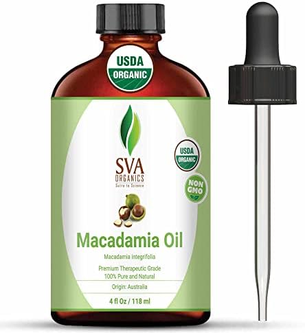 SVA Organics Macadamia Carrier Oil Organic Certified со Dropper - 118 ml чиста, природна, ладно притиснато и терапевтско одделение за