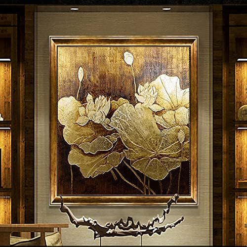 Рачно насликано масло за сликање текстура злато лотос - ретро цветно растение модерно квадрат со голема големина wallидни уметнички