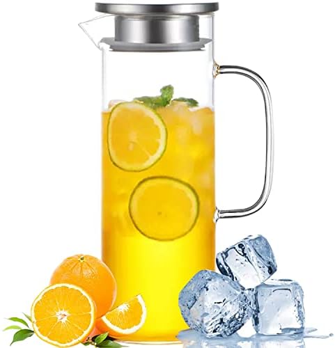 AuxMeware - стаклен стомна отпорен на топлина со капак и плунка, стакло ладен чајци за чај за пијалоци за фрижидер, стаклена вода стомна