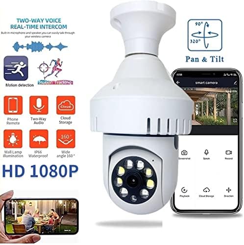 Безбедносна камера на сијалицата, сијалица за камера 2.4GHz безжичен WiFi 360 степени Дома сијалица камера, ноќно гледање, двонасочен