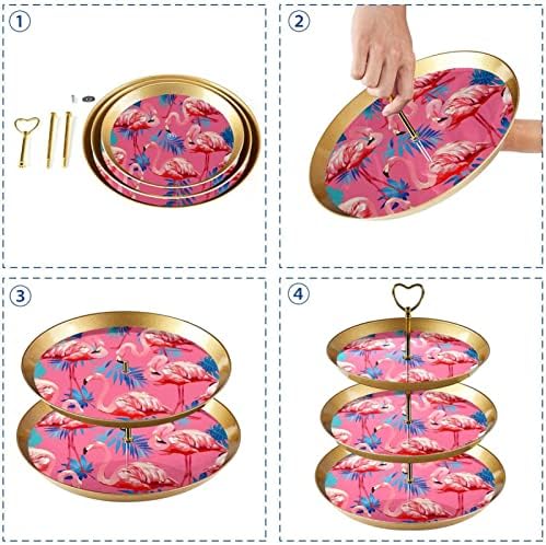 Држач за држач за штанд со чаши пластични десерт штанд со торта 3 нивоата за приказ на штанд, розов тропски фламинго