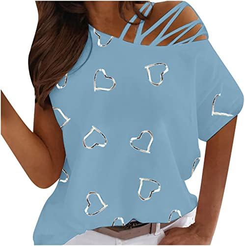 Love Graphic Slim Tunic Tilic Thilts за тинејџерски девојки Краток ракав Едно рамо со рамена на вратот на вратот кошули јуниори 2023 dp