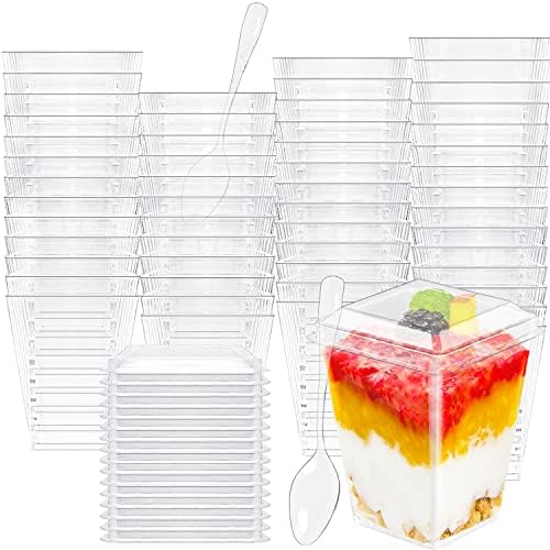 Алесеје 50 Спакувајте Пластични Чаши За Десерт од 5,4 мл Со Капаци И Лажици, Квадратни Пластични Чаши За Парфет,Чаши За Предјадење