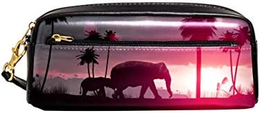 Слонови Палми Зајдисонце Пејзаж Стп Кожни Кутии За Моливи Торбичка Со Патент Футрола За Стационарна Шминка