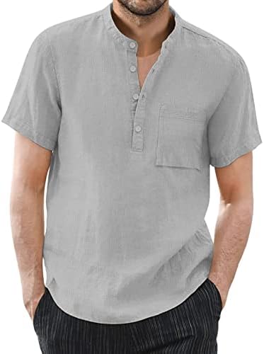 XXBR машки V вратот Хенли кошули, летно памучно постелнина копче надолу со кратки ракави цврсти бои обични хавајски врвови маици маици