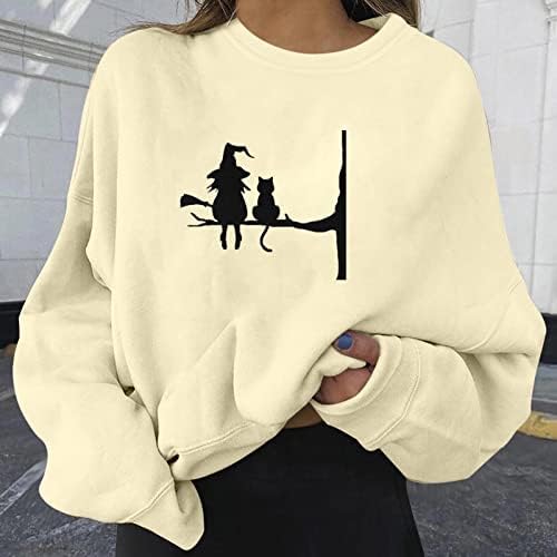 Женски долг ракав џемпер со долг ракав лош вештерка печатено пулвер врвови преголеми капки маици маици блузи