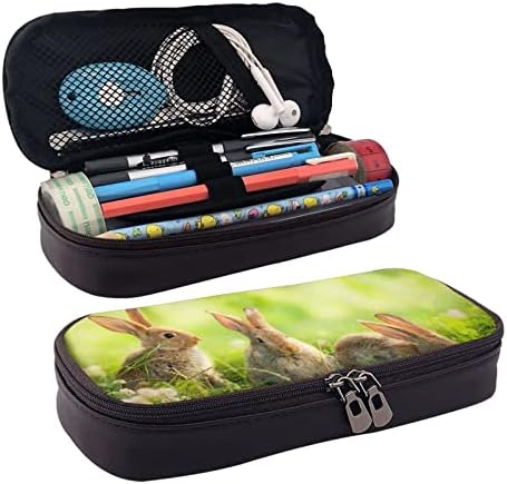 Dcarsetcv Смешни зајаци молив кутија симпатична пенкало со молив, пун кожен флип молив торбичка канцеларија молив кутија торбички