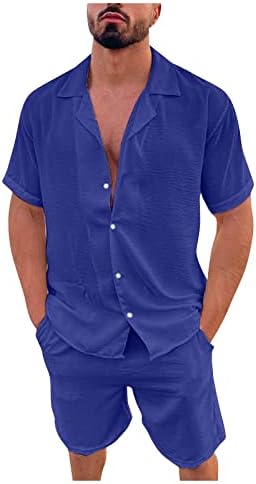 Летни облеки за мажи Хавајска кошула и кратки 2 парчиња облеки за одмор поставува ленени копче надолу кошули лето 2023 костум на плажа