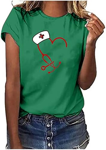 Дневни кошули за медицинска сестра за жени 2023 летни обични кошули лабави слатки маици со екипаж на кратки ракави блузи трендовски