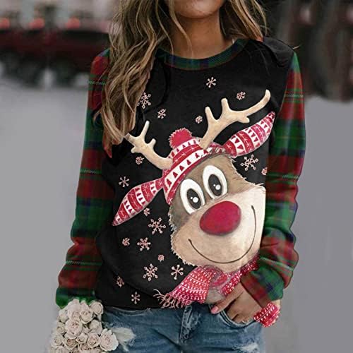 Божиќна маичка со долг ракав за жени Симпатична ирваси пуловер врвна сјај Божиќно дрво елк карирана екипаж Туника кошула
