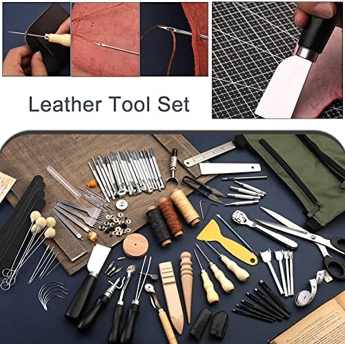 Кожни алатки, комплет за алатки за работа со кожа со торба за алатки, алатки за кожа за кожа, алатки за правење кожни алатки совршени