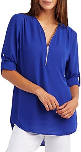 Angенскинвел женски обични блузи со патент zipper v-вратот Туника доилки маици врвови на блуза влече ракав лабава шифон кошула