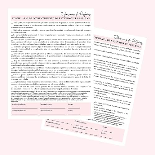 Шпански екстензии за екстензии на камшик, Образец и образец за последователна грижа | 75 пакет | 8.5x11 инчен формулар за големина