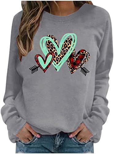 Lmsxct Жените Леопард Карирани Љубов Срце Графички Дуксер Среќен Денот На Вљубените Пуловер Блузи Симпатична Долги Ракави Екипажот Кошули
