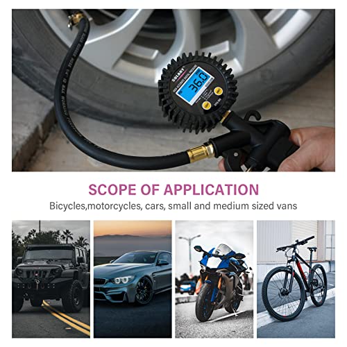 Мерач на притисок на соларен дигитален гуми и инфлатор, 250 PSI LED дисплеј гума за надувување на гуми со гума црево и рачка за зафат