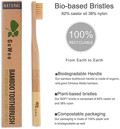 Gowoo природна бамбус четка за заби меки - органски еколошки четки за заби со меки најлонски влакна, без BPA, биоразградливи,