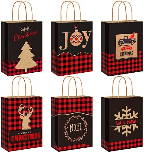 Анеко 24 Парчиња Божиќно Бронзирање Црвено Златни Хартиени Кеси Црвено И Црно Биволска Карирана Торба За Подароци Крафт Торби За Подароци