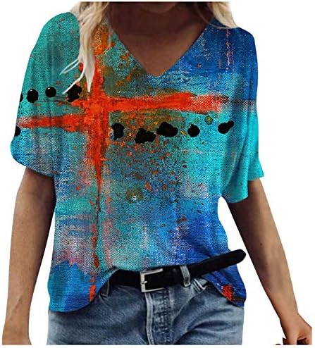 Маица за жени летни маички обични елегантни цветни печатени кратки ракави со врвови со врата од врата од врата од лабава кошула Основна блуза