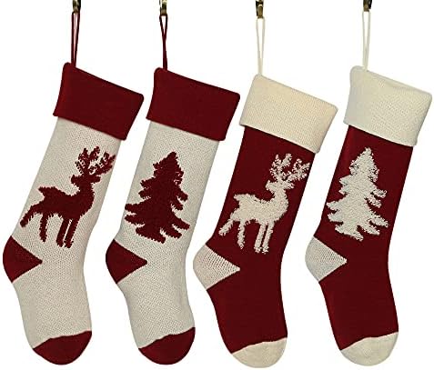 Витрии Божиќни чорапи, 18 инчи Бургундија 4 пакуваат големи кабелски плетени порибување, персонализирани ирваси Божиќно дрво лик xmax
