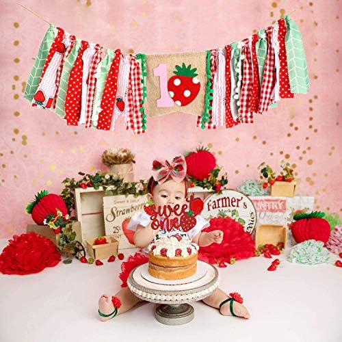 Комплет За Декорација На Прва Роденденска Забава со јагоди, Банер За Столче за 1-ви Роденден, Сладок Топер За Торта И Лак За Јагоди За Прв