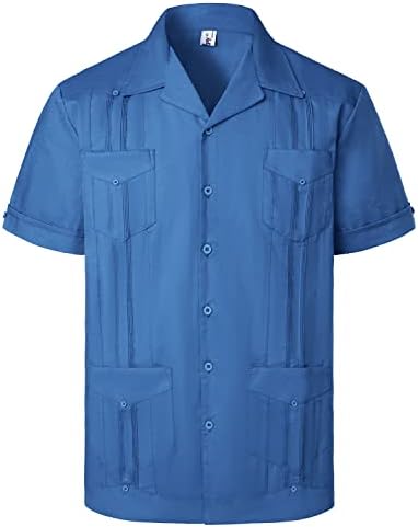 Vatpave mens постелнина кубански џвајабера кошули случајно копче надолу по кратки ракави летни кошули