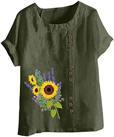 Летни жени памучни постелнини маички врвни трендовски цветни печати обични лабави вклопуваат тунични мангури дама плус големина копче блузи