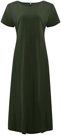 Fragarn женски летен обичен обичен цврста боја со кратки ракави со кратки ракави О-вратот за зашивање лабава џебна памучна постелнина