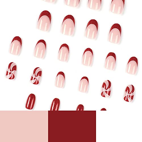 Мисуд краток круг на ноктите овални лажни нокти Сјајно лепак на ноктите црвен француски врв вештачки акрилни нокти што блескаат