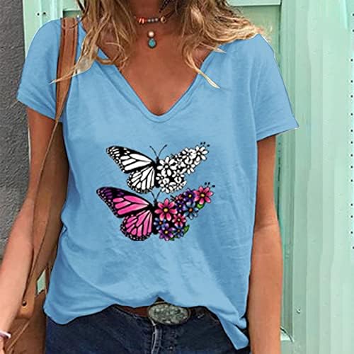 Женска Блуза Со Кратки Ракави Маица 2023 Пеперутка Печатење Маици Со В-Врат Ткаенина Маица
