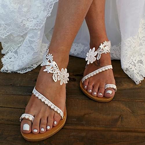 Женски сандали за буниони романтични бели цвеќиња украсни свадбени сандали, лето отворено пети лизгање FL4