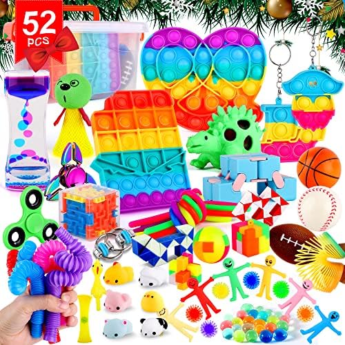Сензорни играчки за фигури на фигурал 52 парчиња поставени со кутија за складирање, играчки за мини poppet фигури за деца АДХД, фаворити за роденденска