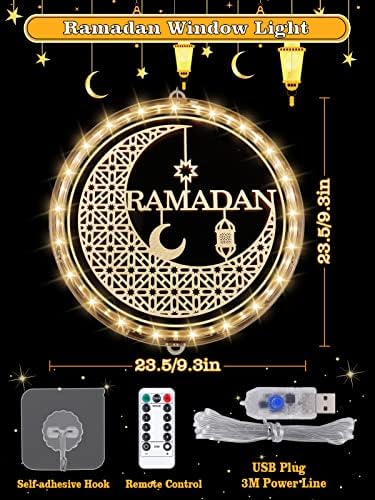 Декорации за светла на Еид Рамадан за дома - 9,4in прозорец Еид Мубарак Месечината светла USB оперирана, далечински управувач исламски муслимански