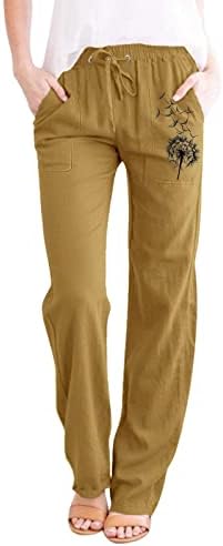 Panенски постелнина панталони со еластична еластична половината, памучна лента за панталони со џебови со џебови за пешачење за жени за