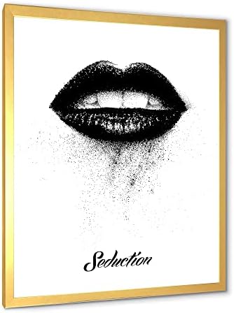 DesignQ Монохроматска црна жена усни модерна врамена wallидна уметност