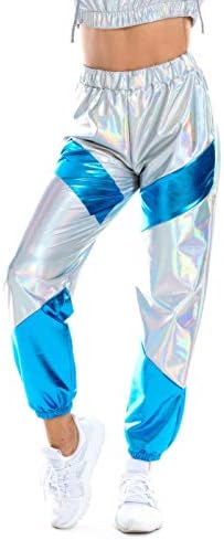 Siaeamrg жени сјајни метални високи половини затегнати панталони со џогер, со влажен изглед хип -хоп -клуб носат холографски панталони џемпент