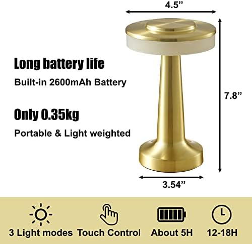 Светилка за маса безжични ламби за безжични ламби - LED златна ламба за полнење на ламби 2600mAh ламби со батерија со 3 светилки за допир на