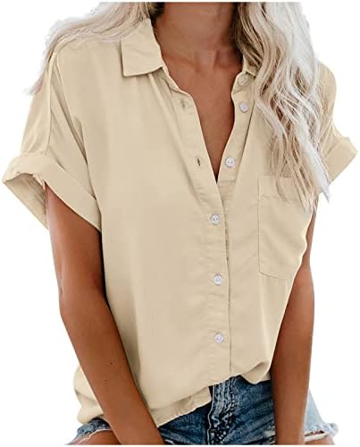 Копче за женски обични бохо V вратот на вратот надолу со памучни кошули со памучни маички летни кратки ракави цврста боја блуза