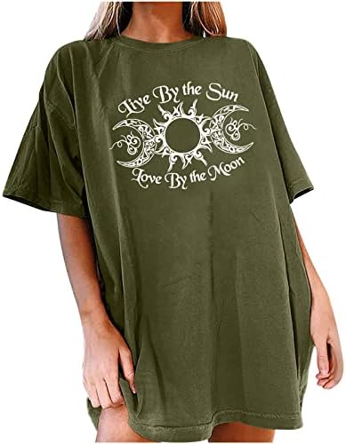 Womenените сонце и месечина графичка маичка за печатење преголема кратка ракав екипаж на вратот на вратот на вратот на рамената