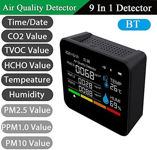 9 Во 1 БТ монитор за квалитет на воздухот CO2 метар јаглерод диоксид Детектор Време/датум TVOC HCHO PM2.5 PM1.0 PM10 Темски тестер